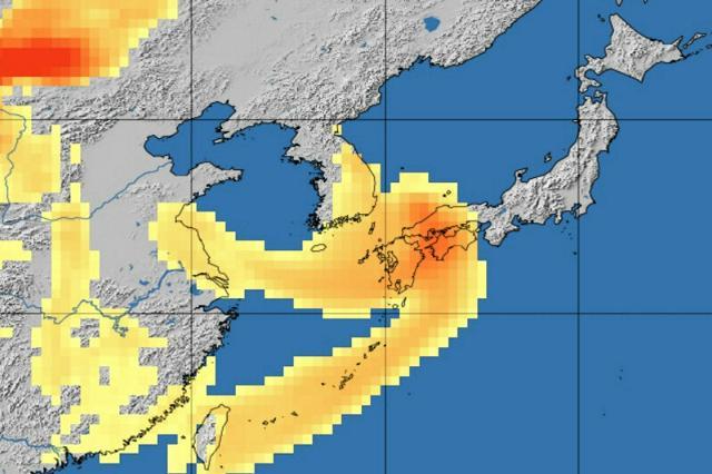 25日午後6時時点の黄砂の飛散予測