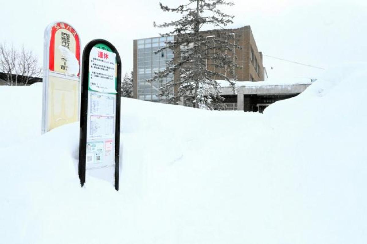 雪に埋もれ、運休を余儀なくされているバス停