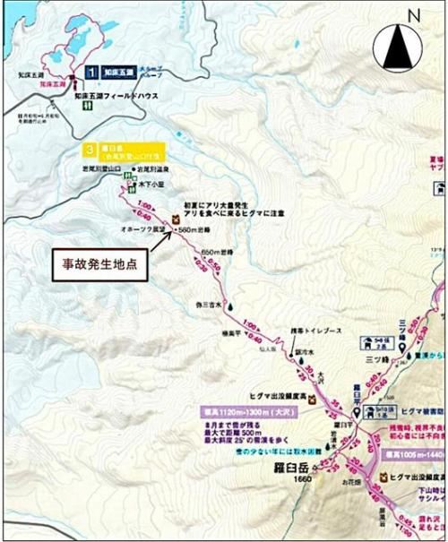 羅臼岳登山道（岩尾別コース）と事故の発生地点